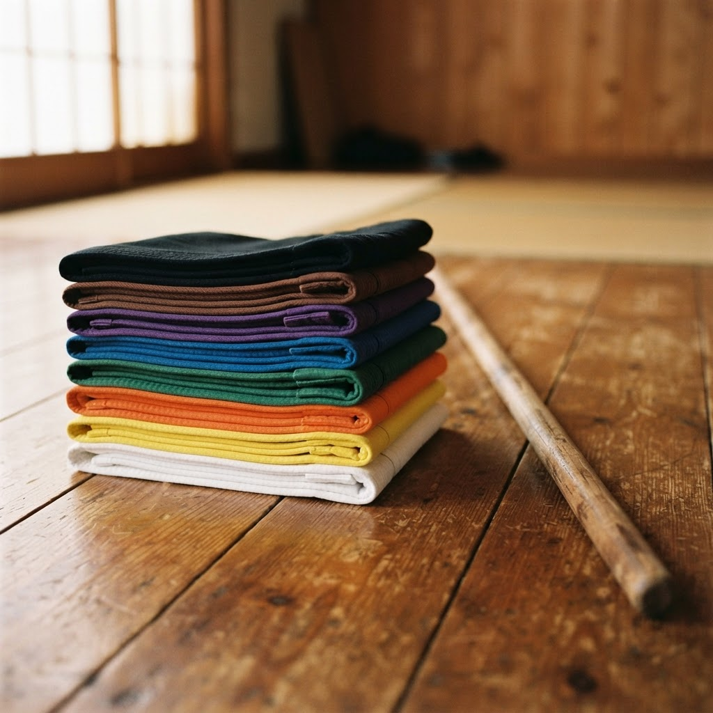 Stack of karate ranking belts in graded colours beside a training bo staff on a dojo floor