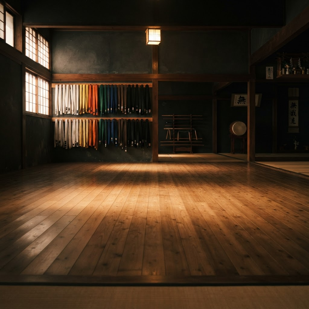 Traditional karate dojo training hall with hanging belts and a weapons rack